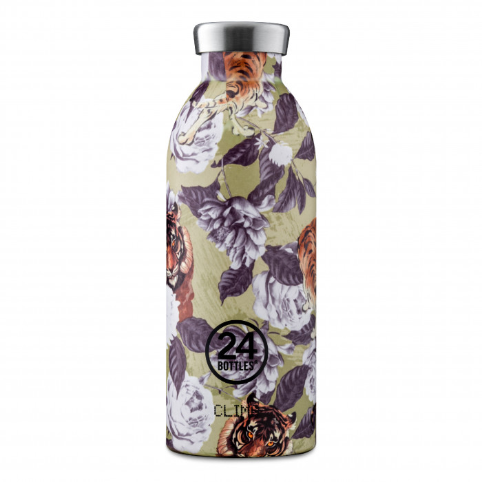 Doppelwandige Thermosflasche CLIMA mit Blumen- und Tigermotiv. Trinkflasche 0,5 l aus Edelstahl > Sonderprint RAJAH > auslaufsicher > + 24 h kalt oder 12 h heiß > BPA-frei