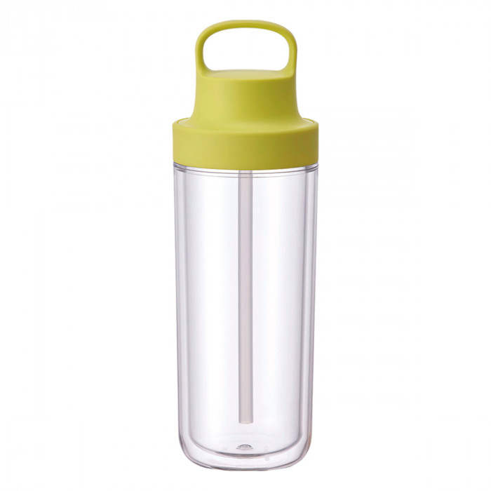 Doppelwandige Kunststoff-Trinkflasche ~ 0,5 l. Design Flasche mit Deckel in limegelb - BPA-frei, isolierend, ... . Wasserflasche 480 ml.