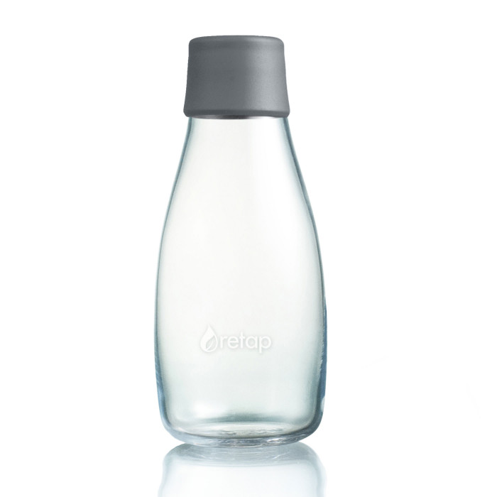 Retap Trinkflasche 0,3l aus Borosilikatglas mit grauem Deckel.