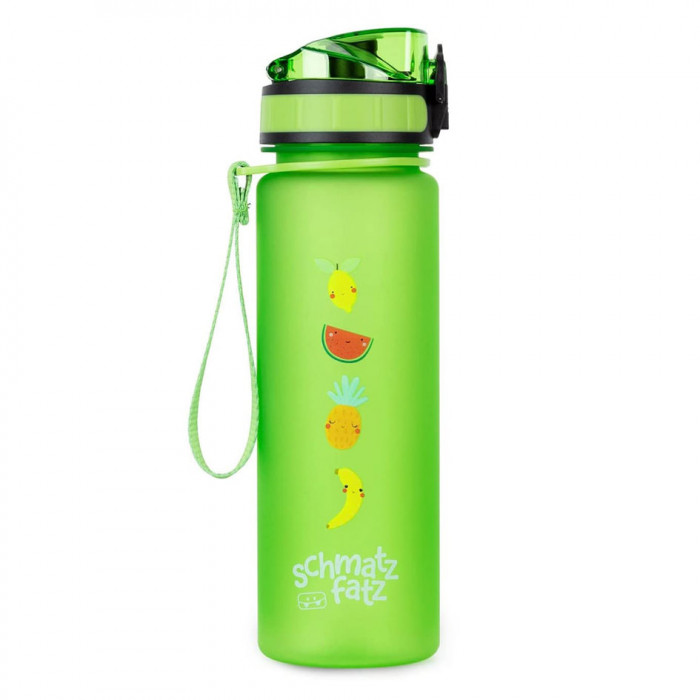 0,5 l Kunststoff-Flasche von schmatzfatz. Grüne Trinkflasche mit Früchtemotiv. Auslaufsichere Kinder Trinkflasche 500 ml mit 1-Klick-Verschluss.