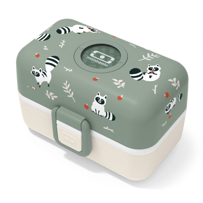 Kinderlunchbox MB TRESOR in der Farbe Grün. Lunchbox mit Waschbär Print.