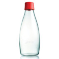 Retap Trinkflasche 0,8l aus Borosilikatglas mit rotem Deckel.