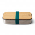 Lunchbox / Sandwichbox aus Edelstahl mit Holzdeckel aus Bambus. Aus der Serie Box Appetit von black & blum Design. Mit Gummiband in petrol ocean blau.