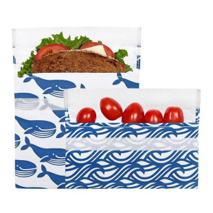 Sandwich Bags BLUE WHALE mit Klettverschluss, 2er-Set. Wiederverwendbare Lunchtüten mit Klettverschluss - Modell mit Wal- und Wellen-Print.