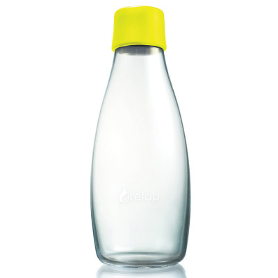 Retap Trinkflasche 0,5l aus Borosilikatglas mit lemonfarbenem Deckel.