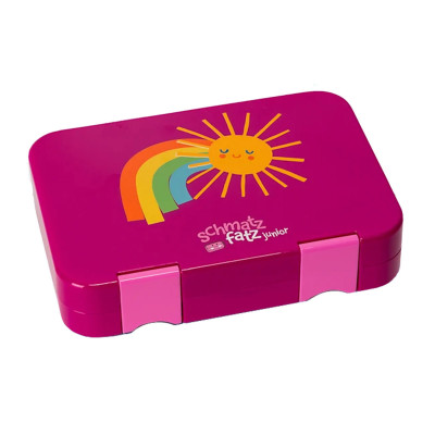 Auslaufsichere Lunchbox für Kinder! Die schmatzfatz Kinderlunchbox in lila mit 6 Fächern / 4 Fächern. Version Sonne.