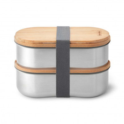 2-stöckige Lunchbox aus Edelstahl mit Holzdeckel aus Bambus von black + blum. Doppelstöckige Lunch Bentobox.